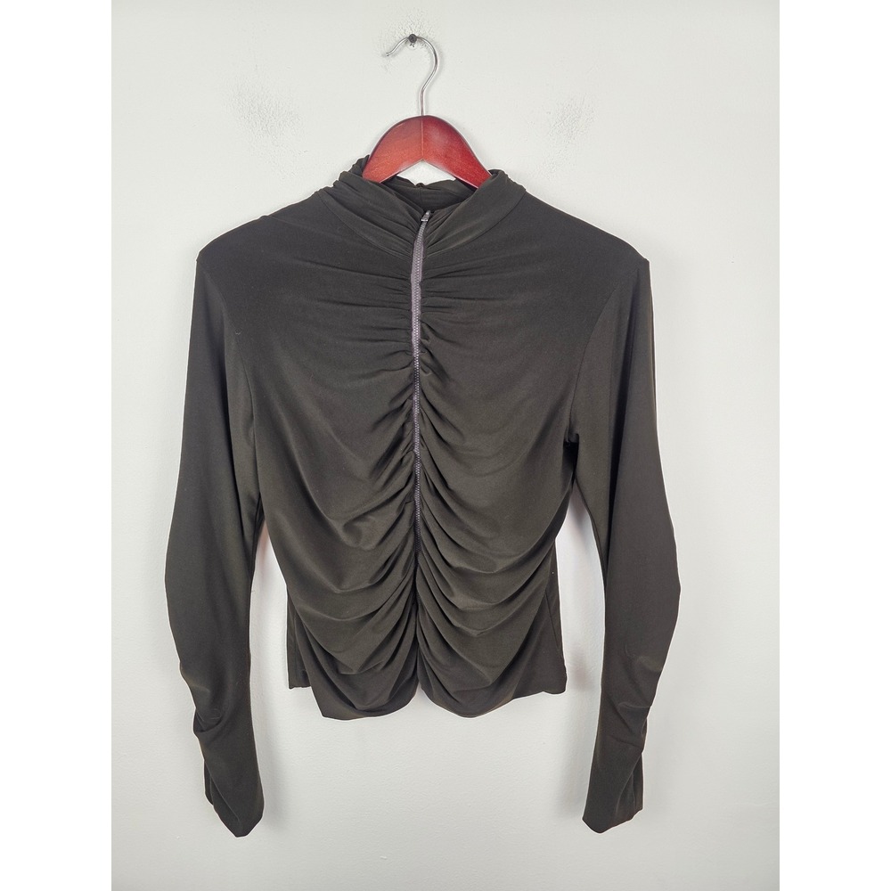 Sympli Womens Ruched Front Zip Mock‎ Neck Long Sleeve Top Dark Green Size10